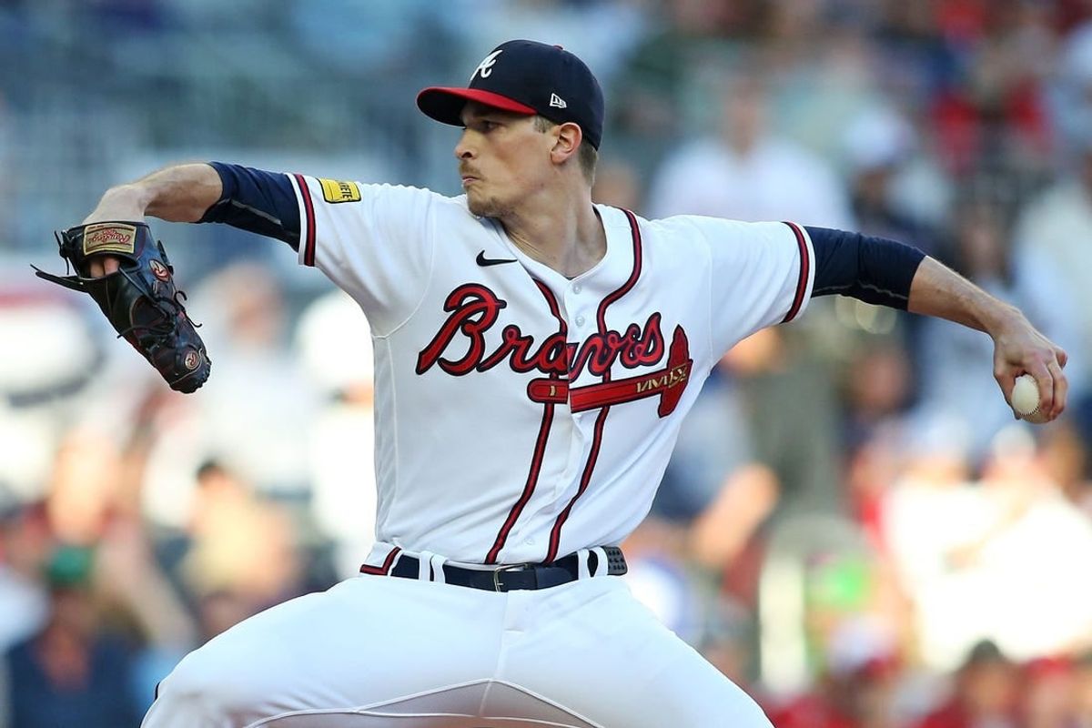 Oct 9, 2023; Cumberland, Georgia, USA; Atlanta Braves starting pitcher Max Fried (54) pitches during the first inning against the Philadelphia Phillies in game two of the NLDS for the 2023 MLB playoffs at Truist Park.