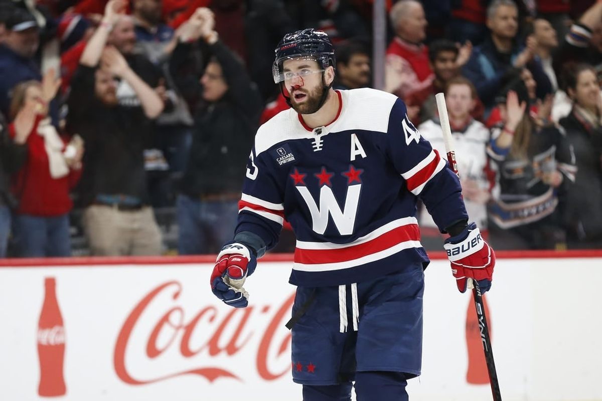 Jan 7, 2024; Washington, District of Columbia, USA; Washington Capitals right wing Tom Wilson (43) looks on after the game against the Los Angeles Kings at Capital One Arena.