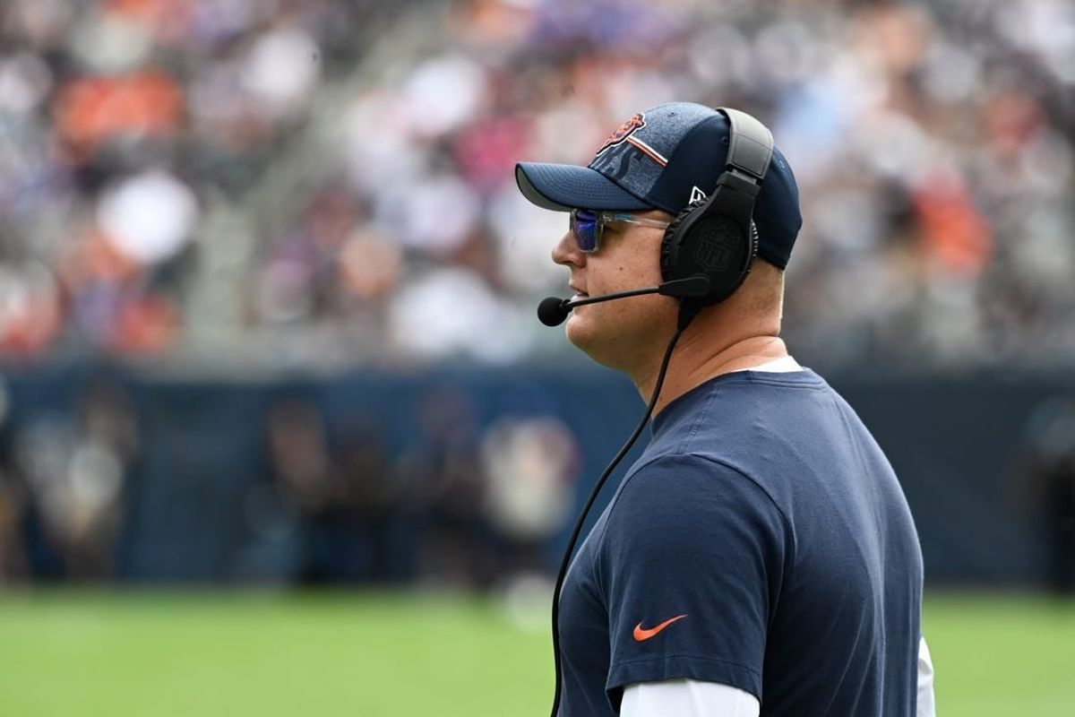 Aug 26, 2023; Chicago, Illinois, USA;  Chicago Bears offensive coordinator Luke Getsy looks on during the team   s game against the Buffalo Bills at Soldier Field.