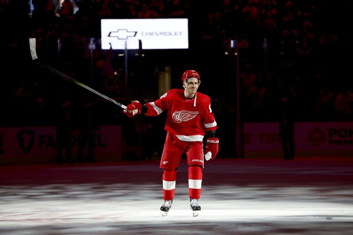 Dec 22, 2023; Detroit, Michigan, USA;  Detroit Red Wings right wing Patrick Kane (88) celebrates after defeating the Philadelphia Flyers at Little Caesars Arena.
