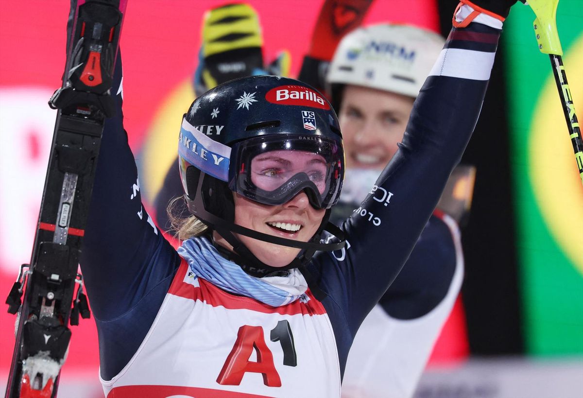 Mikaela Shiffrin celebrates after winning a World Cup slalom race in Flachau, Austria on Jan. 13, 2026.