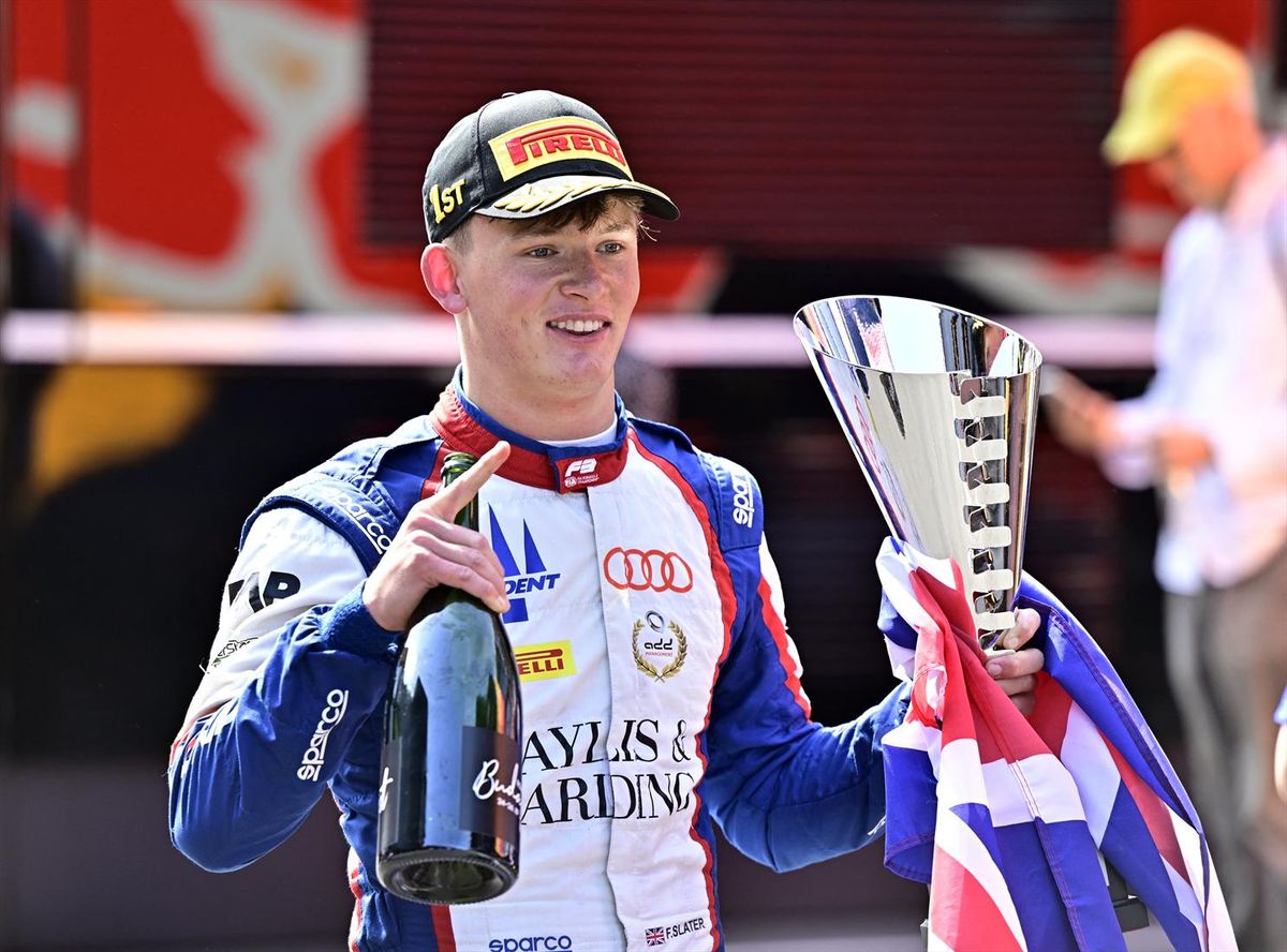 Trident's Freddie Slater celebrates with his trophy after winning the Formula 3 race at the Hungarian Grand Prix on July 26, 2026. REUTERS/Marton Monus