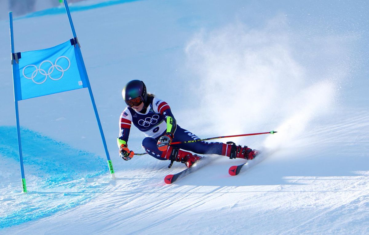 Mikaela Shiffrin of the United States in action during her second run in the women's giant slalom on Sunday in Belluno, Italy, at the Milan Cortina Olympics. She finished in 11th place,