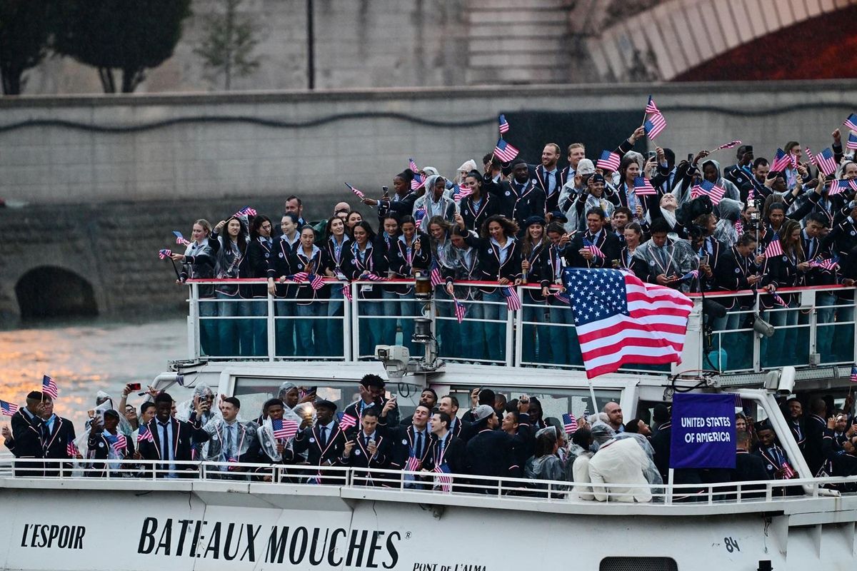 United States athletes on their boat at Pont d'Austrerlitz in the river Seine during the opening ceremony of the 2024 Summer Games in Paris.