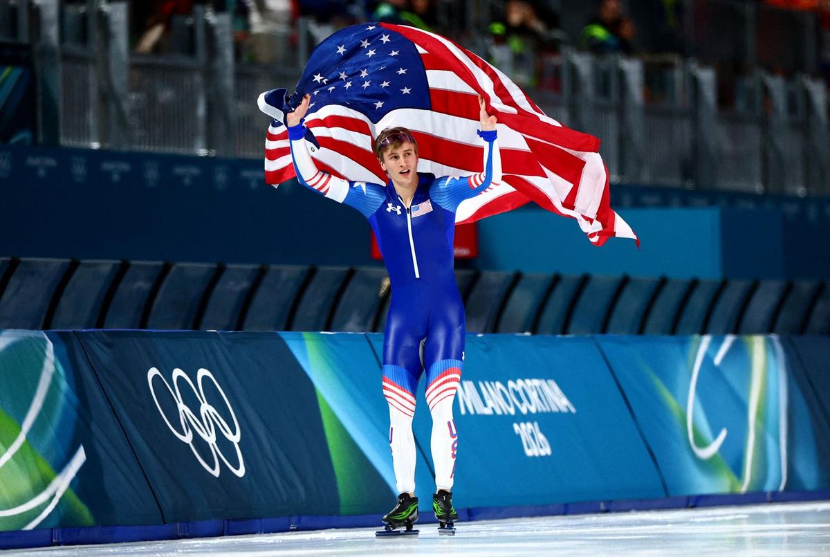 February 14, 2026. Jordan Stolz of United States celebrates after winning gold and setting a new Olympic record in the Men's 500m.