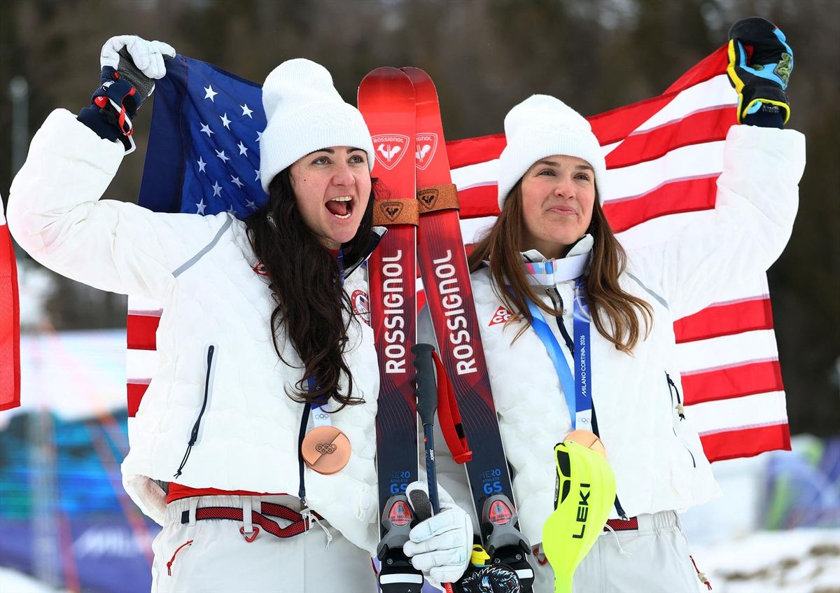 Milano Cortina 2026 Olympics - Alpine Skiing - Women's Team Combined Victory Ceremony - Tofane Alpine Skiing Centre, Belluno, Italy - February 10, 2026. Bronze medalists Jacqueline Wiles of United States and Paula Moltzan of United States celebrate after the Women's Team Combined