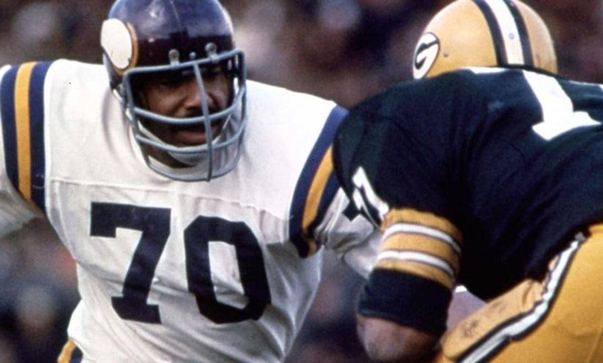 Vikings defensive lineman Jim Marshall (70) played for 20 seasons, starting 270 consecutive games. He died after a lengthy hospitalization on Tuesday.