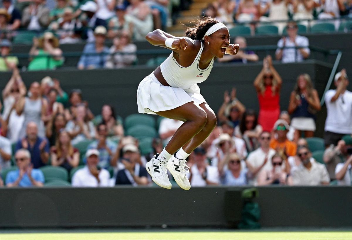 London, Britain - July 1, 2026 Coco Gauff of the U.S. celebrates winning her second round match against Argentina's Solana Sierra