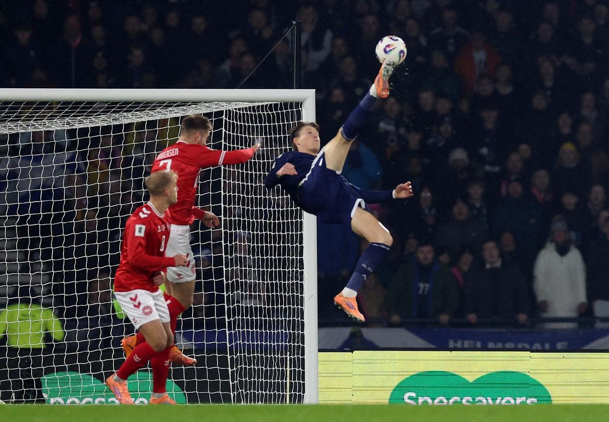 Scotland's Scott McTominay scores their first goal against Denmark on a bicycle kick at Hampden Park, Glasgow, on Nov. 18, 2025.