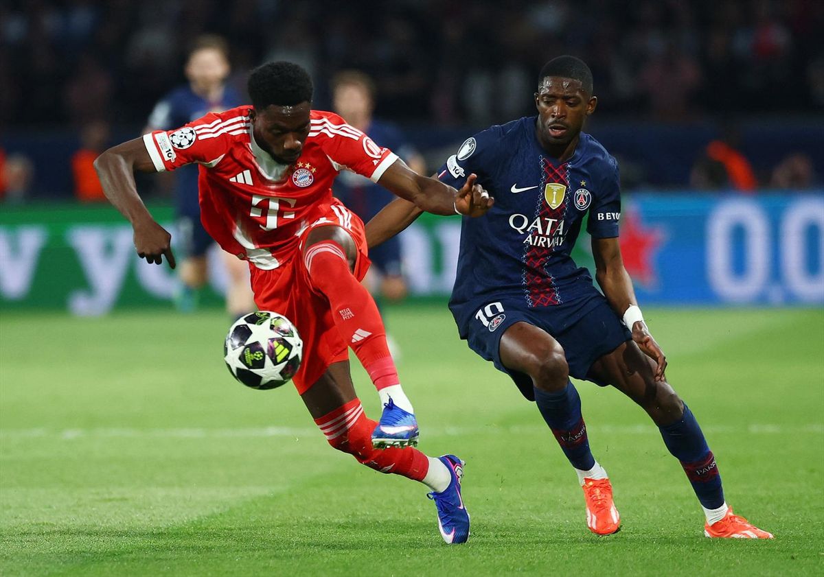 Bayern Munich's Alphonso Davies in action with Paris St Germain's Ousmane Dembele on April 28, 2026. Credit: REUTERS/Gonzalo Fuentes