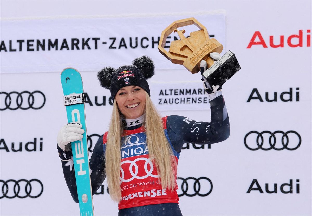 Lindsey Vonn celebrates winning the women's downhill event in Zauchensee, Austria on Jan. 10, 2026.