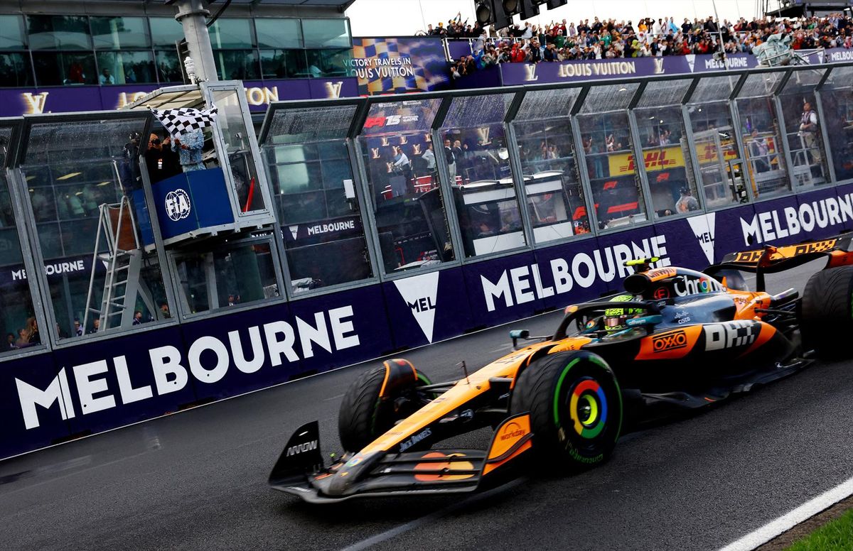 McLaren's Lando Norris passes the checkered flag to win the 2025 Australian Grand Prix.