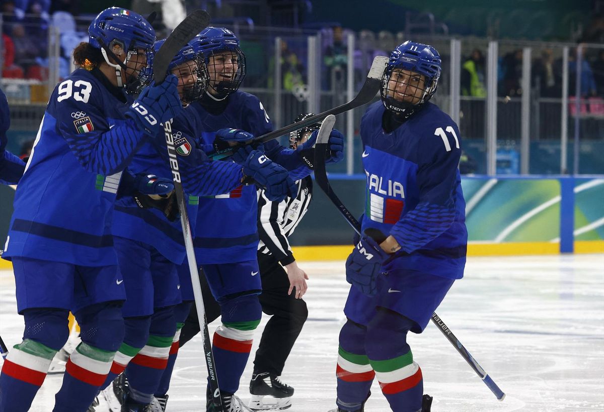 Milan Cortina 2026 Olympics - Ice Hockey - Women's Preliminary Round - Group B - Italy vs Germany - Milano Rho Ice Hockey Arena, Milan, Italy - February 10, 2026. Justine Reyes of Italy celebrates scoring their first goal with teammates