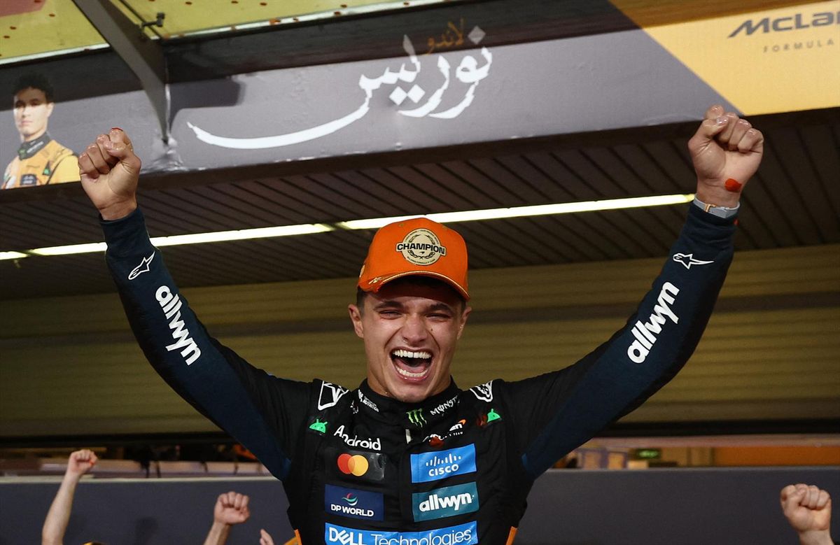 McLaren's Lando Norris celebrates after becoming the 2025 Formula One World Champion at the Abu Dhabi Grand Prix on Dec. 7, 2025.