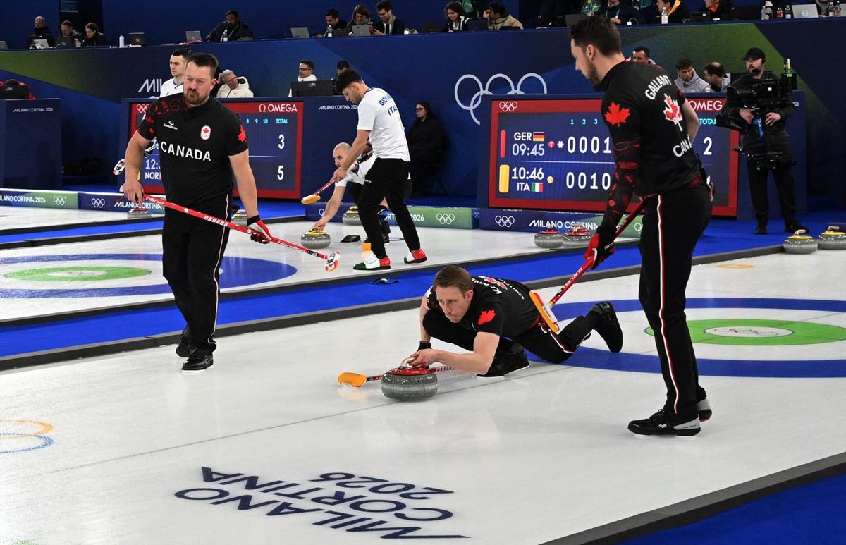 Ben Hebert, Marc Kennedy and Brett Gallant of Canada in action during their match against Sweden at the Cortina Curling Olympic Stadium on Friday.