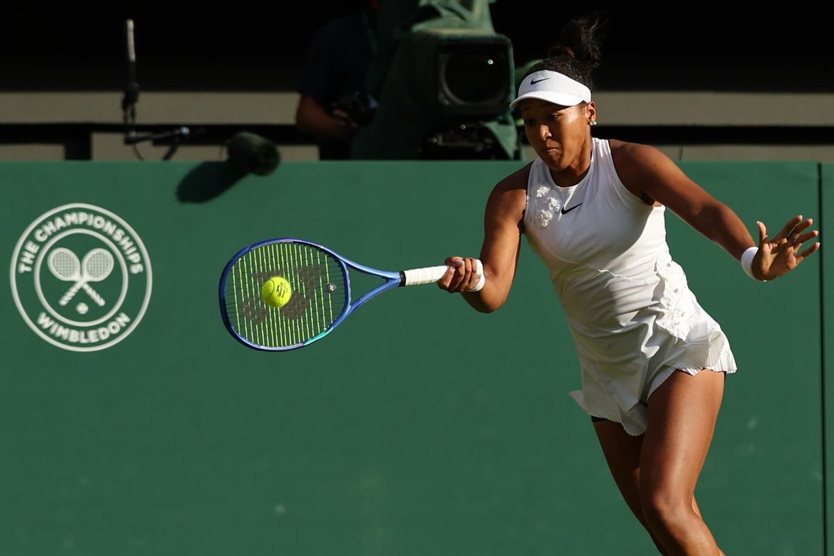 Jul 5, 2026; London, United Kingdom; Naomi Osaka (JPN) hits a forehand against Aryna Sabalenka (not pictured) on day seven of The Championships Wimbledon 2026 at All England Lawn Tennis and Croquet Club.
