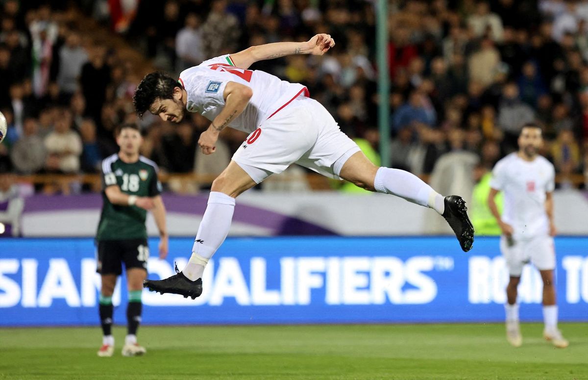 March 20, 2025 Iran's Sardar Azmoun scores their first goal against United Arab Emirates in an AFC Qualifiers match on March 20, 2025 in Tehran.