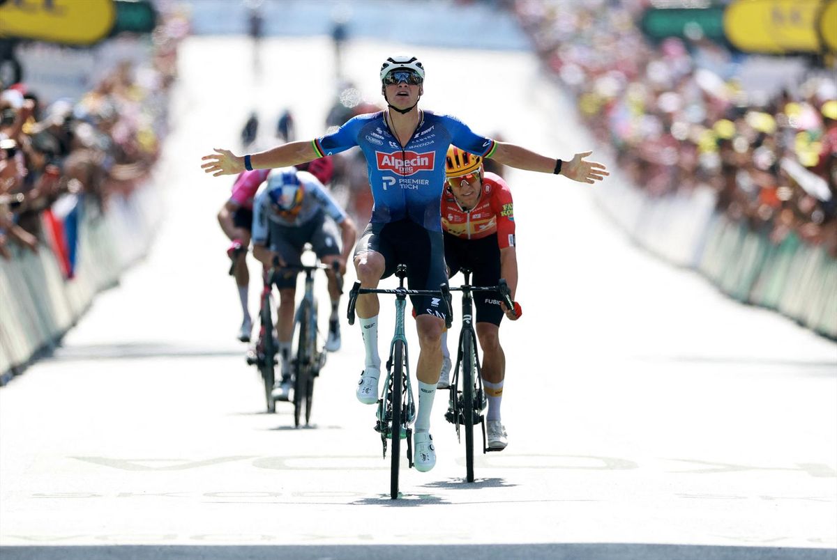 Mathieu van der Poel celebrates winning Stage 9 of the Tour de France from Malemort to Ussel  on Sunday.