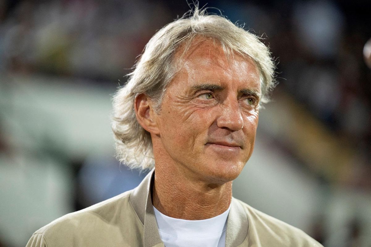 Football manager Roberto Mancini smiles during a 'Partita del cuore' charity match in L’aquila, Italy, July 13, 2026. Mancini was named national team coach for a second spell, Italian Football Federation (FIGC) President Giovanni Malago said on July 28, 2026.