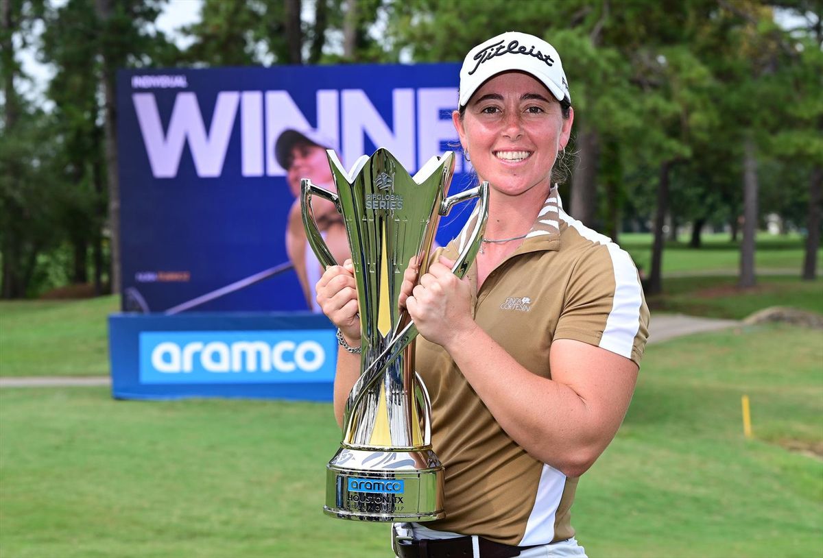 Nuria Iturrioz poses with the trophy after winning the Aramco Houston Championship, part of the PIF Global Series on the Ladies European Tour, on Sunday, Sept. 7, 2025 in Pearland, Texas.