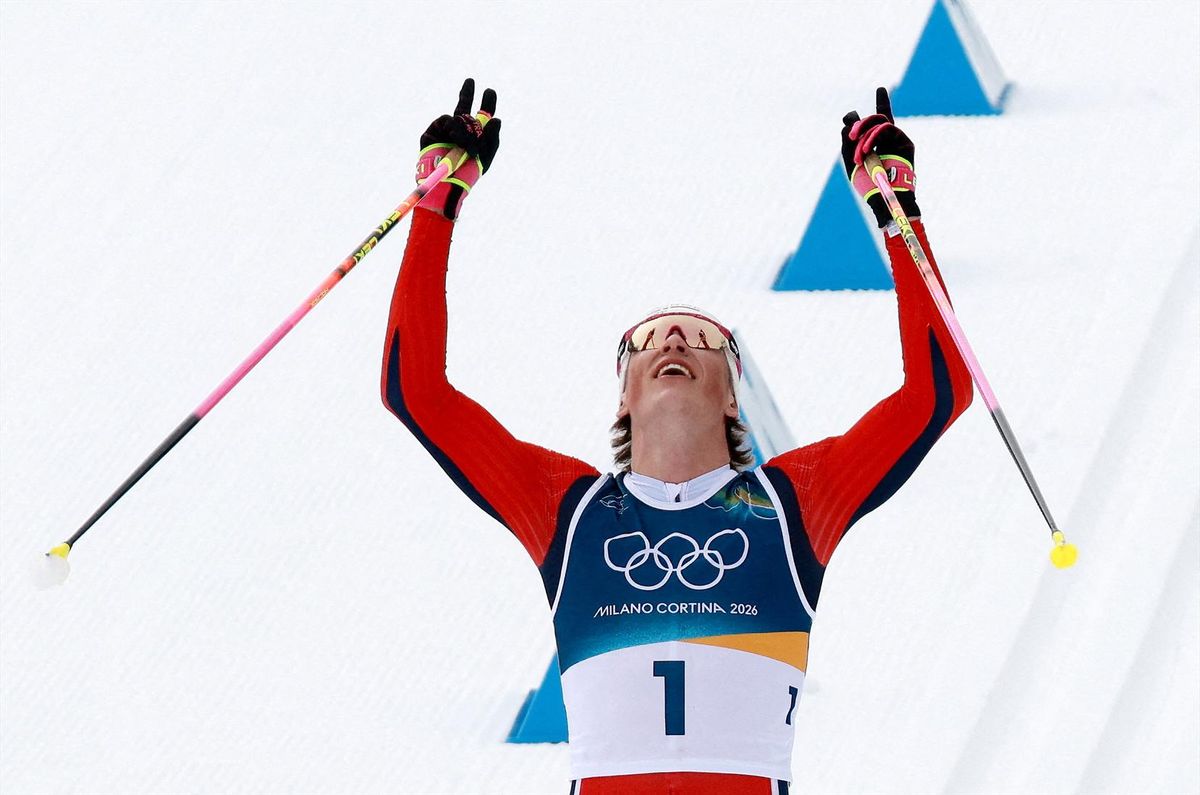 Johannes Klaebo of Norway celebrates after winning gold in the men's 50km mass start classic. It was his record sixth gold medal win at the 2026 Milan Cortina Games.