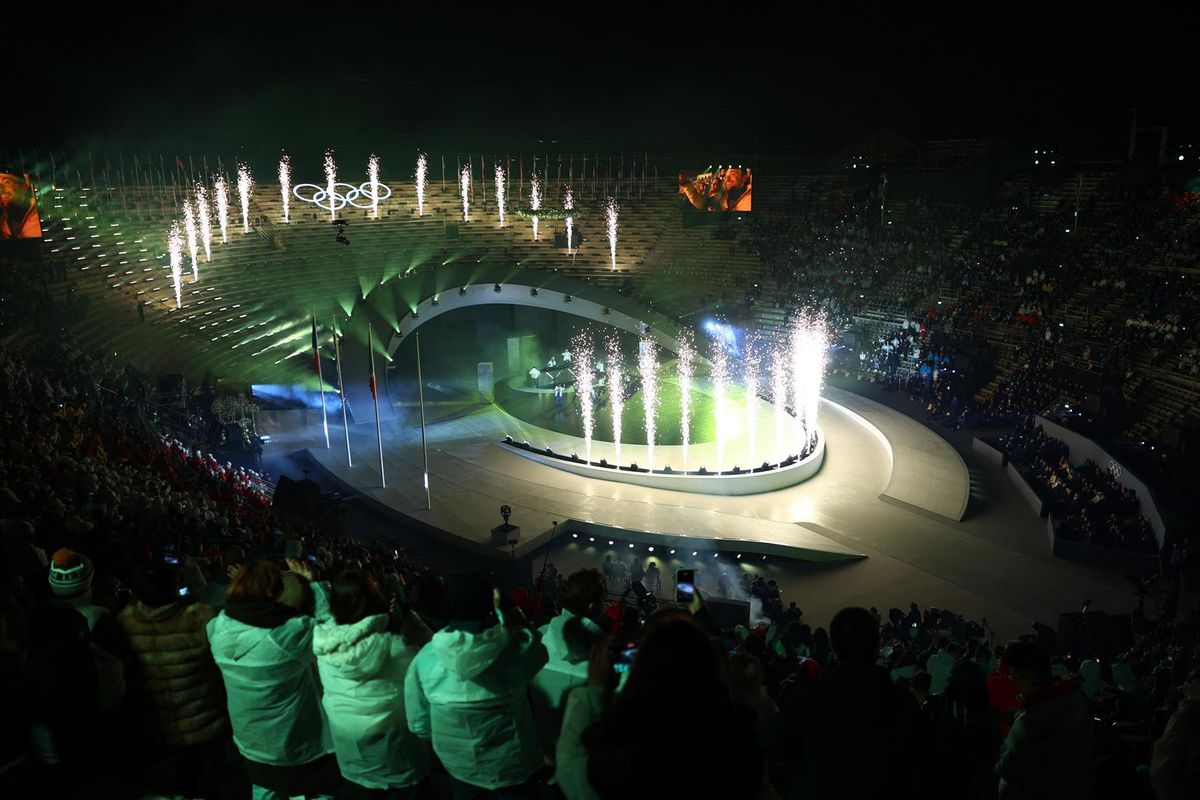 Milano Cortina 2026 Olympics - Ceremonies - Closing Ceremony - Verona Olympic Arena, Verona, Italy - February 22, 2026. Musical group Major Lazer and singers MO, Nyla and Alfa perform during the closing ceremony.