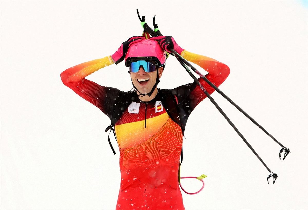 Milan Cortina 2026 Olympics - Ski Mountaineering - Men's Sprint Final - Stelvio Ski Centre, Bormio, Italy - February 19, 2026. Gold medallist Oriol Cardona Coll of Spain reacts after winning the Men's Sprint Final