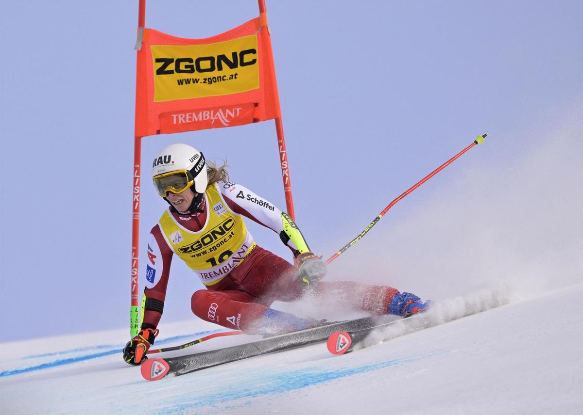 Austria's Katharina Liensberger in the women's giant slalom at the World Cup at Mont-Tremblant Ski Resort on Dec. 7, 2025.