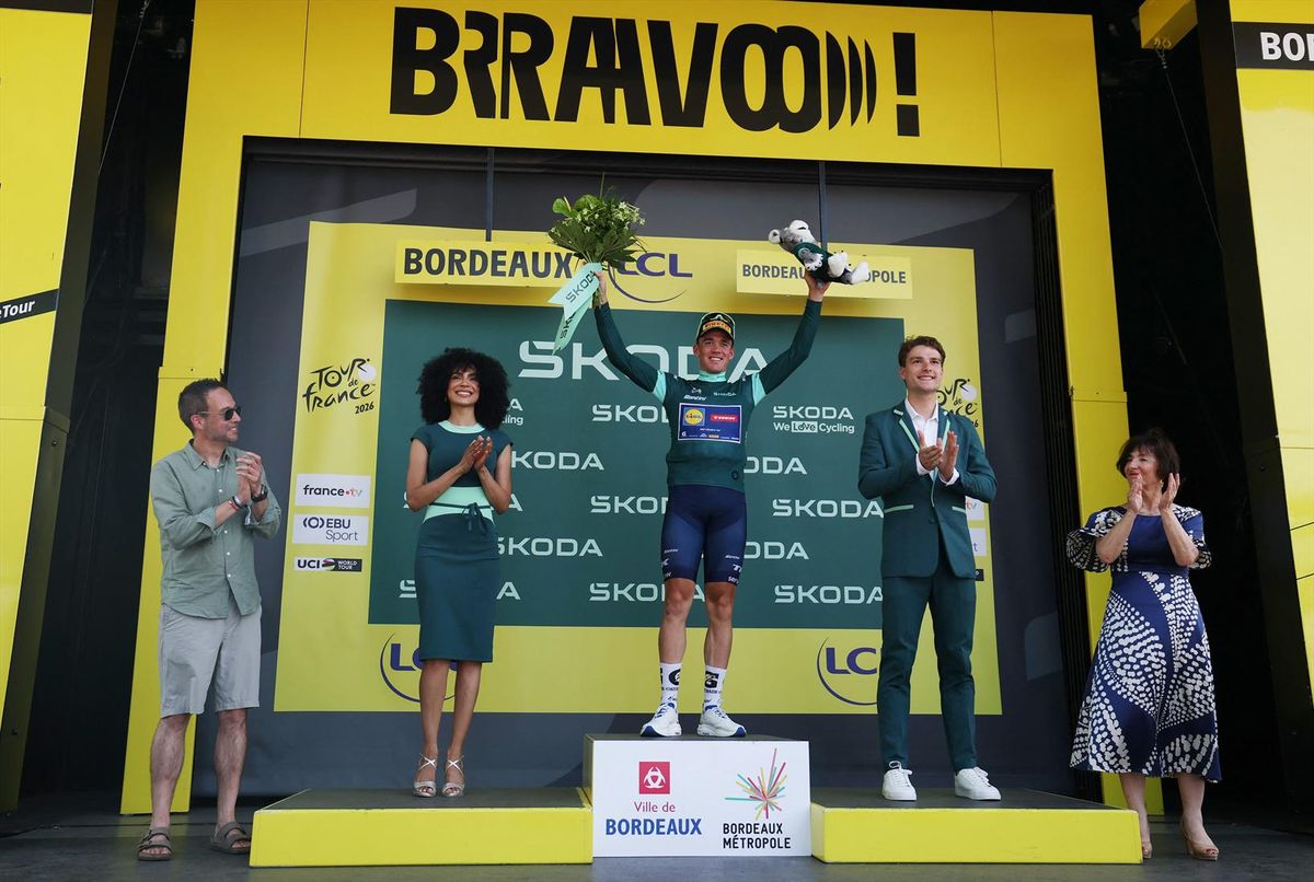 Trek's Mads Pedersen celebrates on the podium wearing the green jersey after stage 7. REUTERS/Gonzalo Fuentes