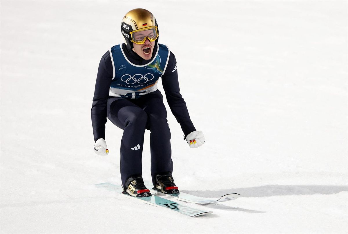 Milano Cortina 2026 Olympics - Ski Jumping - Men's Normal Hill Individual - Final Round - Predazzo Ski Jumping Stadium, Predazzo, Italy - February 9, 2026. Philipp Raimund of Germany reacts after his run in the Final Round.