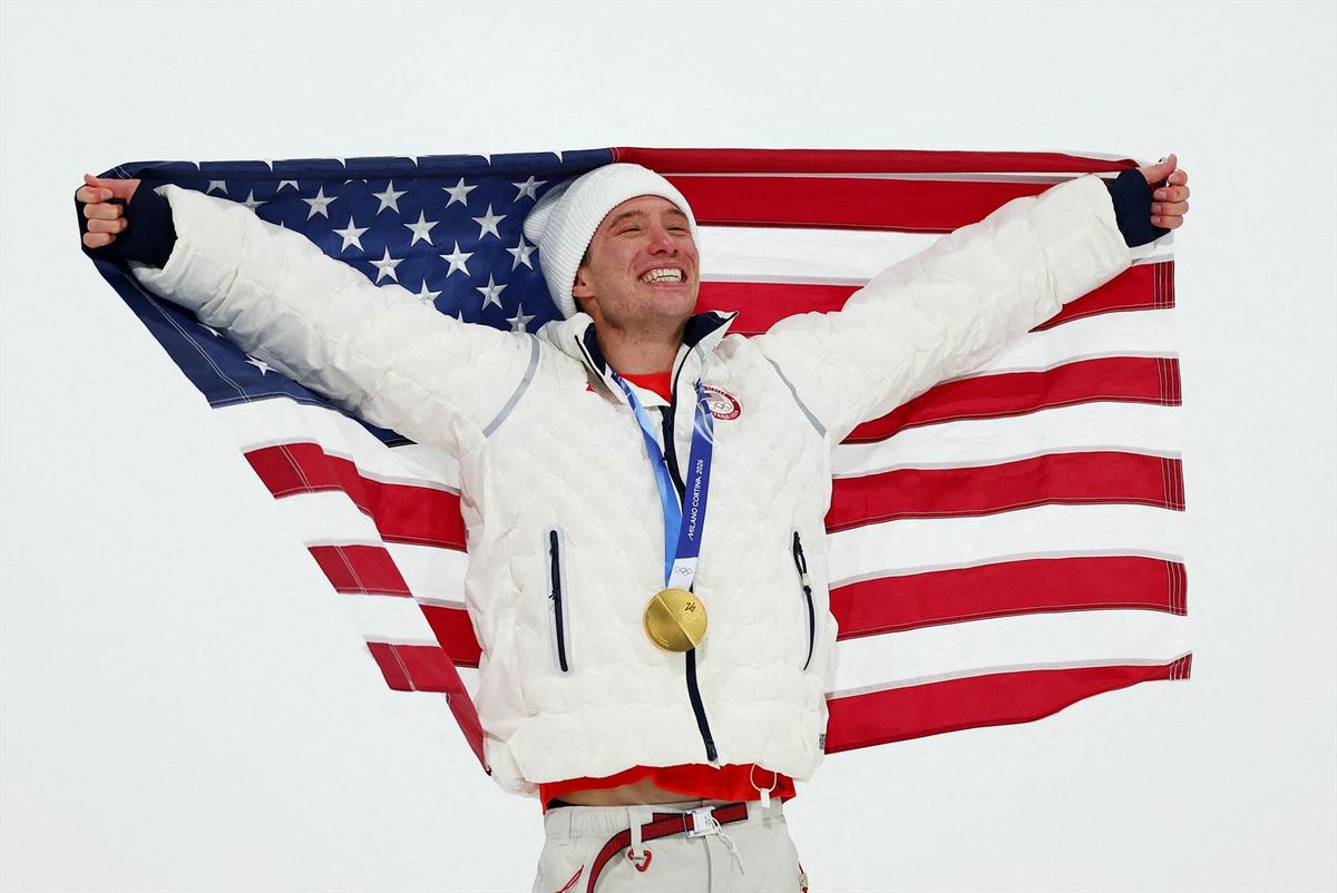 February 20, 2026. Gold medallist Alex Ferreira of United States celebrates after the podium for the Men's Freeski Halfpipe Final.