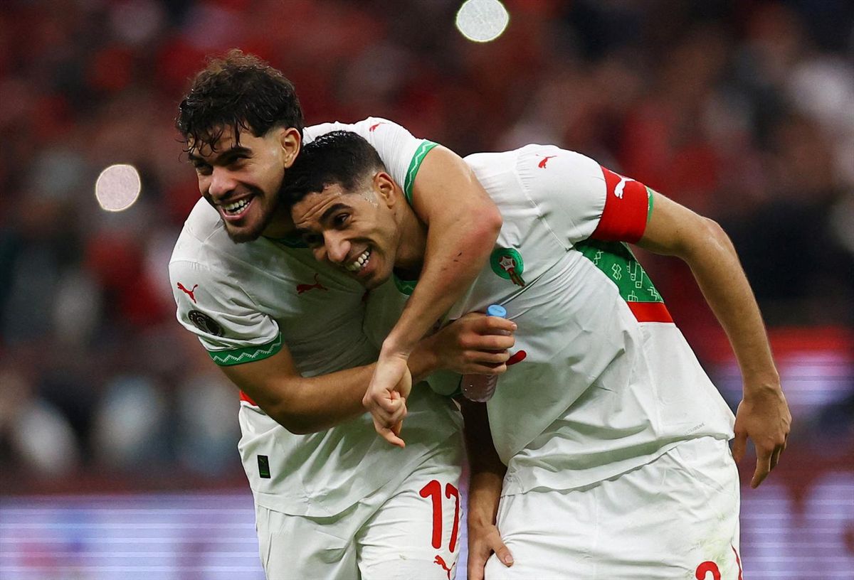 Morocco's Achraf Hakimi and Abde Ezzalzouli celebrate after a quarterfinals match against Cameroon in the CAF Africa Cup of Nations in Rabat on Jan. 9, 2026.