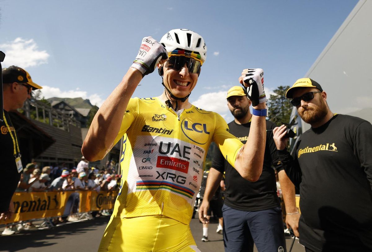 Tadej Pogacar celebrates after winning Stage 10 of the Tour de France on July 14, 2026.