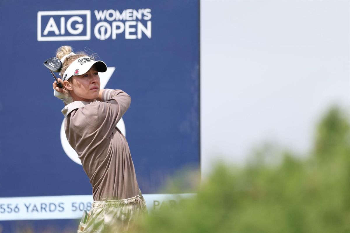 Nelly Korda of the United States tees off during the Pro-Am prior to the AIG Women's Open 2025 at Royal Porthcawl Golf Club on July 29, 2025 in Bridgend, Wales. - BRIDGEND, WALES - JULY 29
