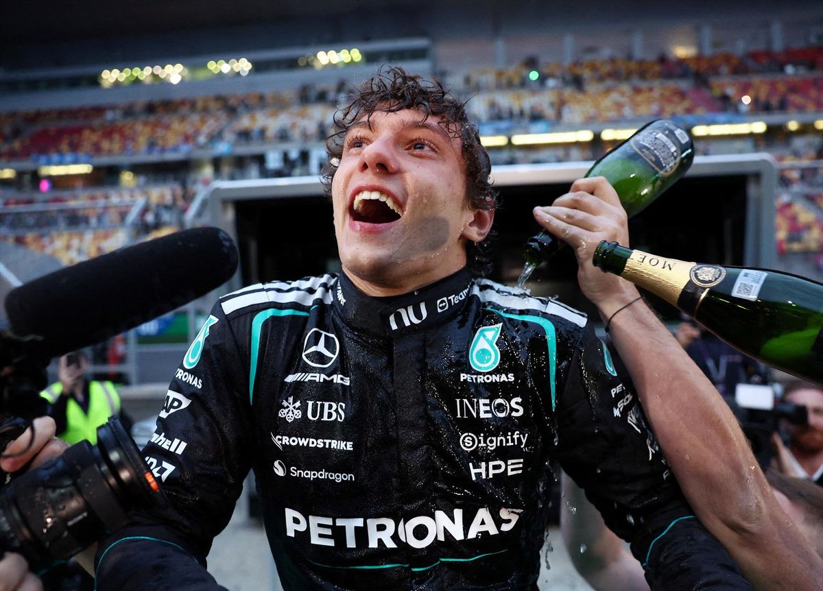 Formula One F1 - Chinese Grand Prix - Shanghai International Circuit, Shanghai, China - March 15, 2026 Mercedes' Andrea Kimi Antonelli celebrates after winning the Chinese Grand Prix.