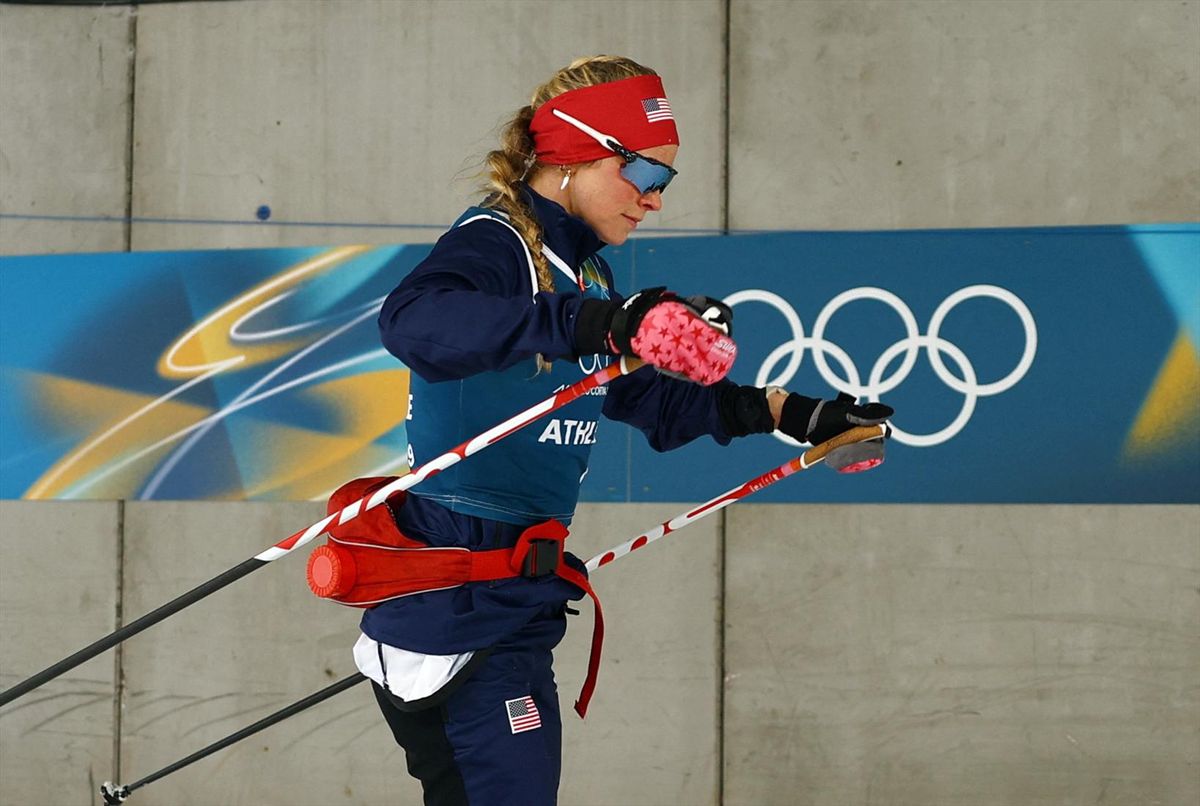 Jessie Diggins of the United States during cross-country skiiing training ahead of the Milano Cortina Winter Olympics
