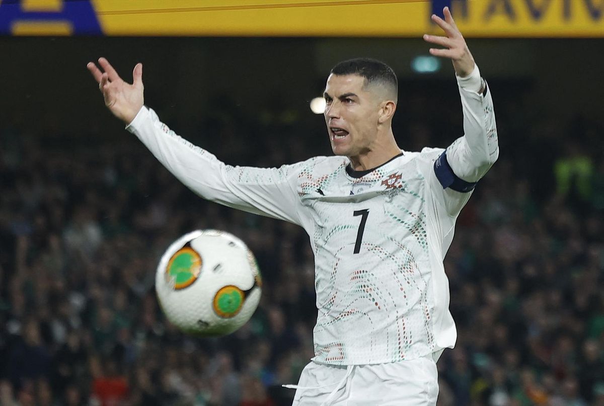 Portugal's Cristiano Ronaldo reacts during his team's game against Ireland in Dublin at Aviva Stadium in Dublin on Nov. 13, 2025.