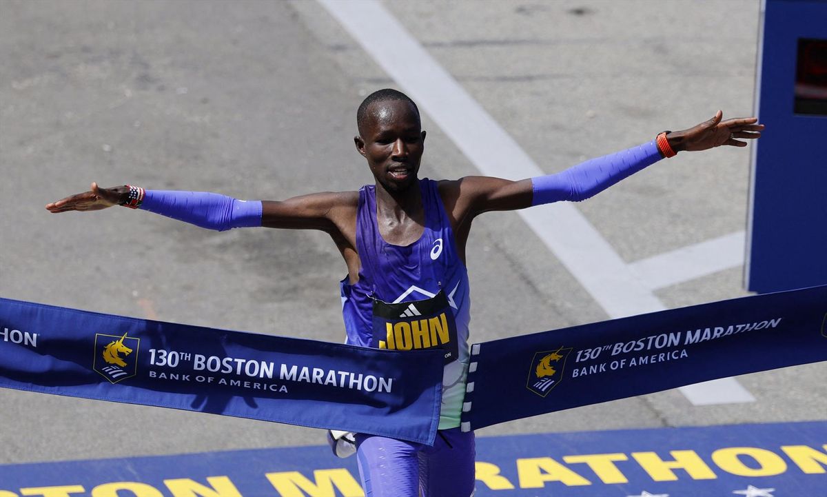 Boston Marathon - Boston, Massachusetts, U.S. - April 20, 2026 Kenya's John Korir crosses the finish line to win the men's elite race REUTERS/Cj Gunther
