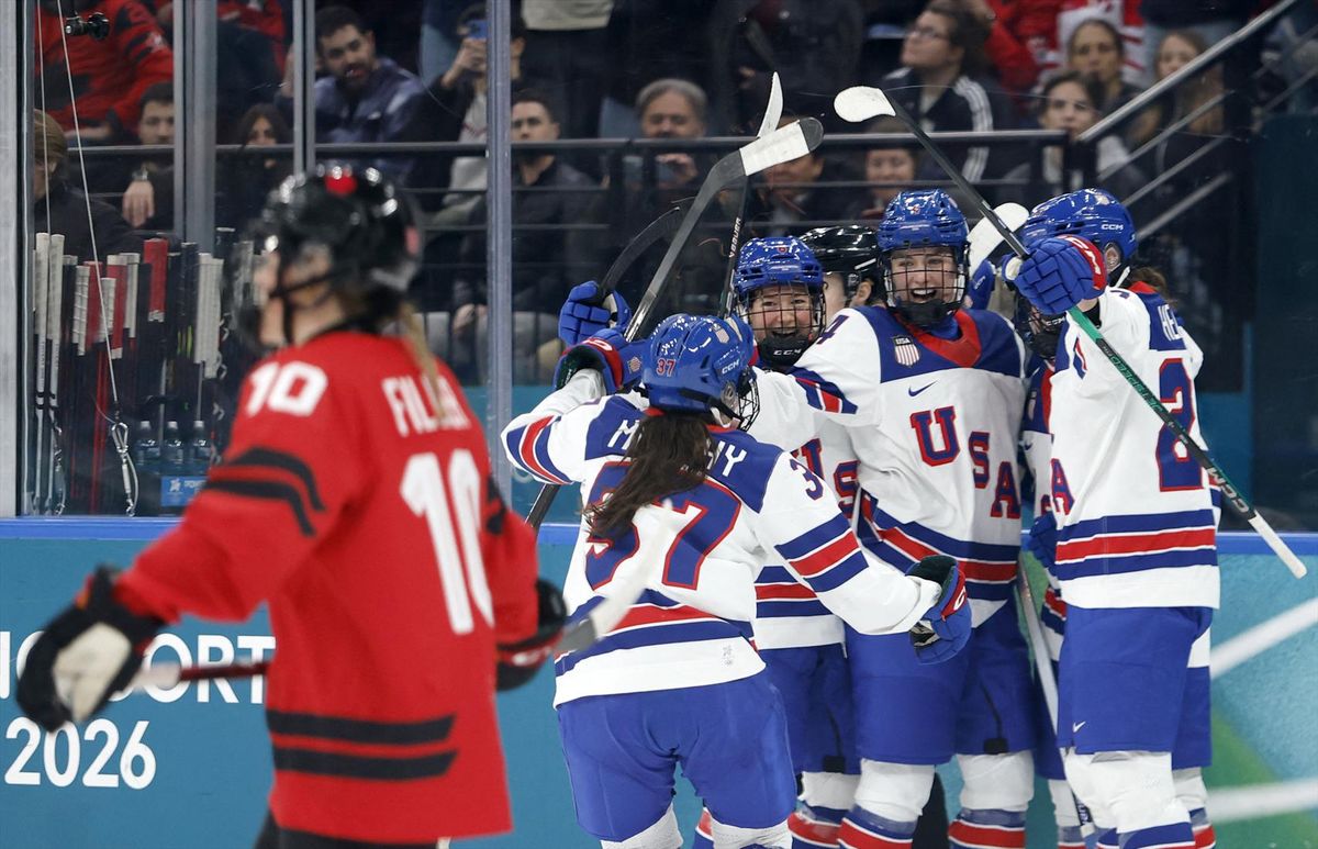 Milano Cortina 2026 Olympics - Ice Hockey - Women's Preliminary Round - Group A - Canada vs United States - Milano Santagiulia Ice Hockey Arena, Milan, Italy - February 10, 2026. Hannah Bilka of United States celebrates with teammates after scoring their second goal.