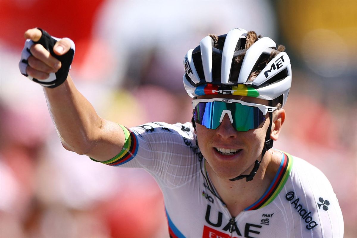 UAE Team Emirates XRG's Tadej Pogacar celebrates winning stage 7 of the 2025 Tour de France - Saint-Malo to Mur-De-Bretagne Guerledan - Saint-Malo, France - July 11, 2025