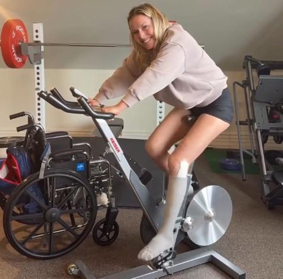 Lindsey Vonn shared a video clip of riding a stationary bike on March 13, 2026 as she recovers from five surgeries on her left leg.