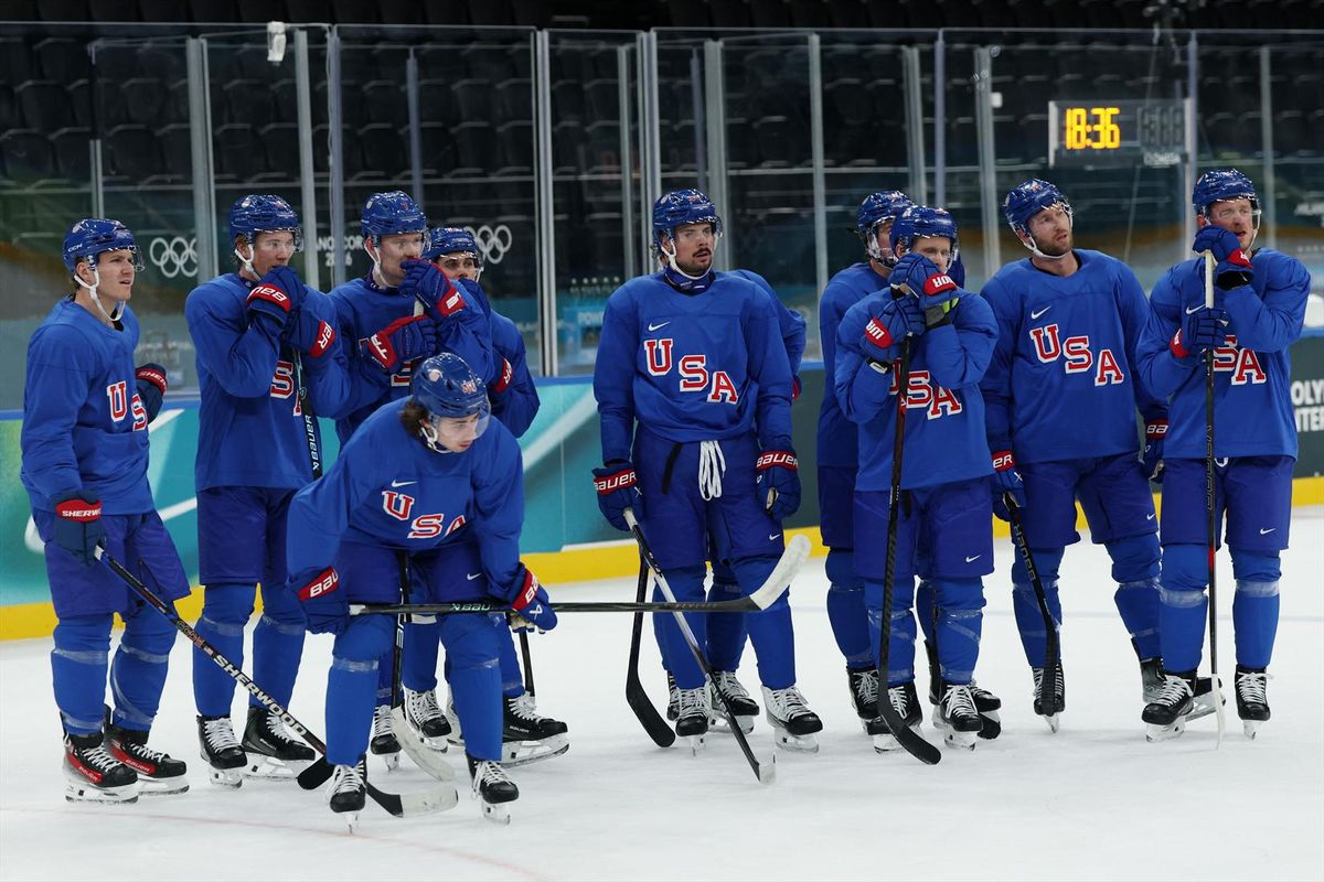 Milano Cortina 2026 Olympics - Ice Hockey - Men's - United States of America Training - Milano Santagiulia Ice Hockey Arena, Milan, Italy - February 08, 2026. Auston Matthews of United States and teammates during training