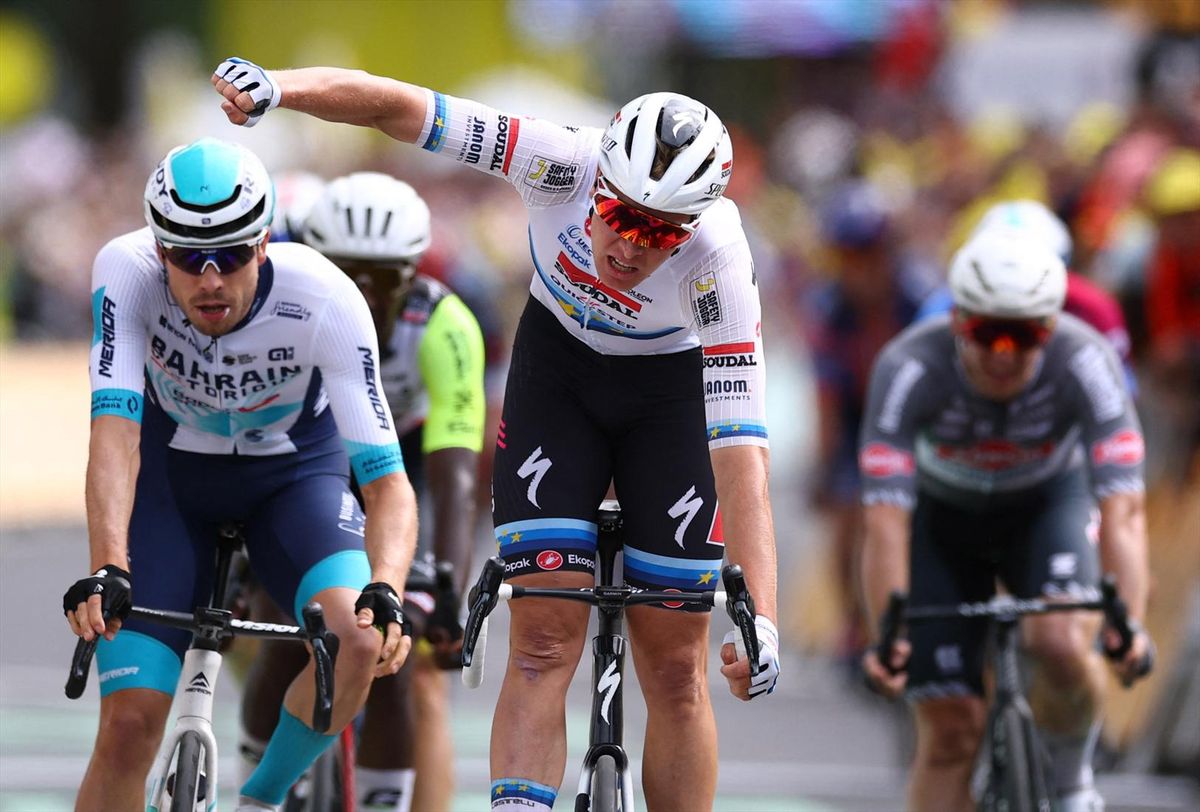 Soudal Quick-Step's Tim Merlier celebrates winning stage 3 of the 2025 Tour de France - Valenciennes to Dunkirk - Dunkirk, France - July 7, 2025