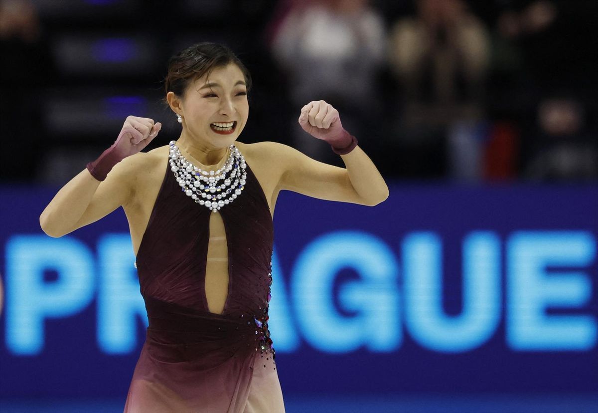 Figure Skating - ISU Figure Skating World Championships - O2 arena, Prague, Czech Republic - March 27, 2026 Japan's Kaori Sakamoto reacts after her performance during the Women's Free Skating REUTERS/David W Cerny