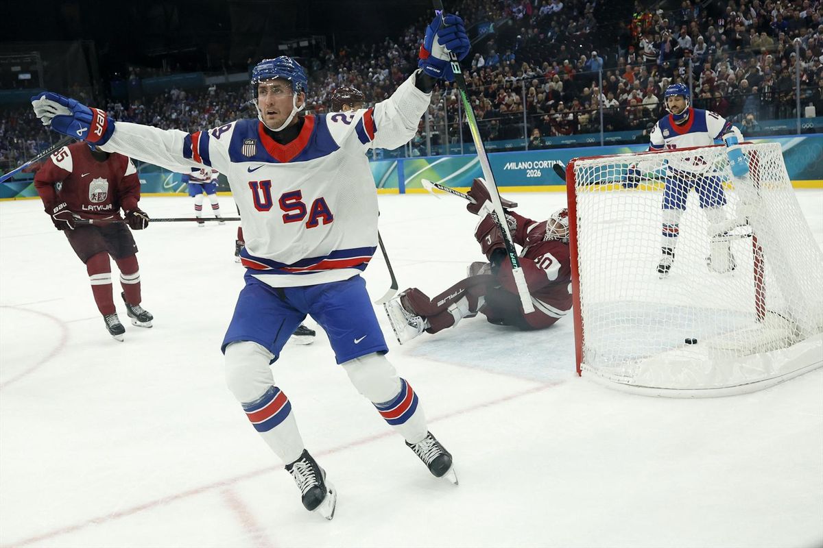 Milano Cortina 2026 Olympics - Ice Hockey - Men's Preliminary Round - Group C - Latvia vs United States - Milano Santagiulia Ice Hockey Arena, Milan, Italy - February 12, 2026. Brock Nelson of United States celebrates scoring their second goal