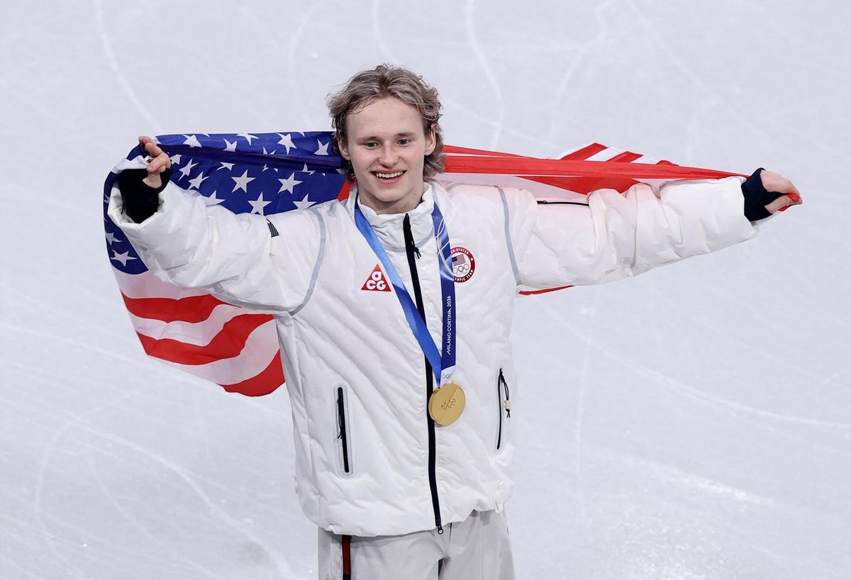 Gold medalist Ilia Malinin of the United States celebrates after winning the team figure skating event at the 2026 Milan Cortina Winter Olympics