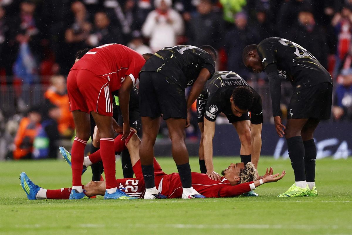 Liverpool's Hugo Ekitike reacts after sustaining an injury against Paris Saint-Germain on April 14, 2026. Credit: Reuters/Lee Smith