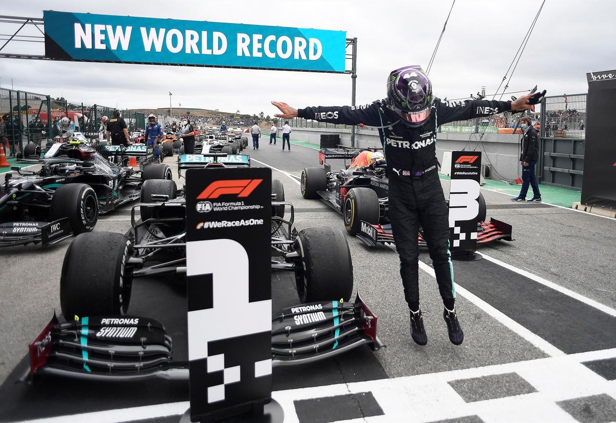 Formula One F1 - Portuguese Grand Prix - Algarve International Circuit, Portimao, Portugal - October 25, 2020 Mercedes' Lewis Hamilton celebrates after winning the race Pool via  TPX IMAGES OF THE DAY