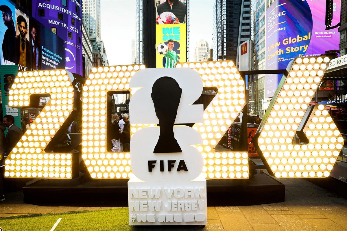 FILE PHOTO: The New York/New Jersey's FIFA World Cup 2026 logo is revealed during the kickoff event in Times Square in New York City, U.S., May 18, 2023.