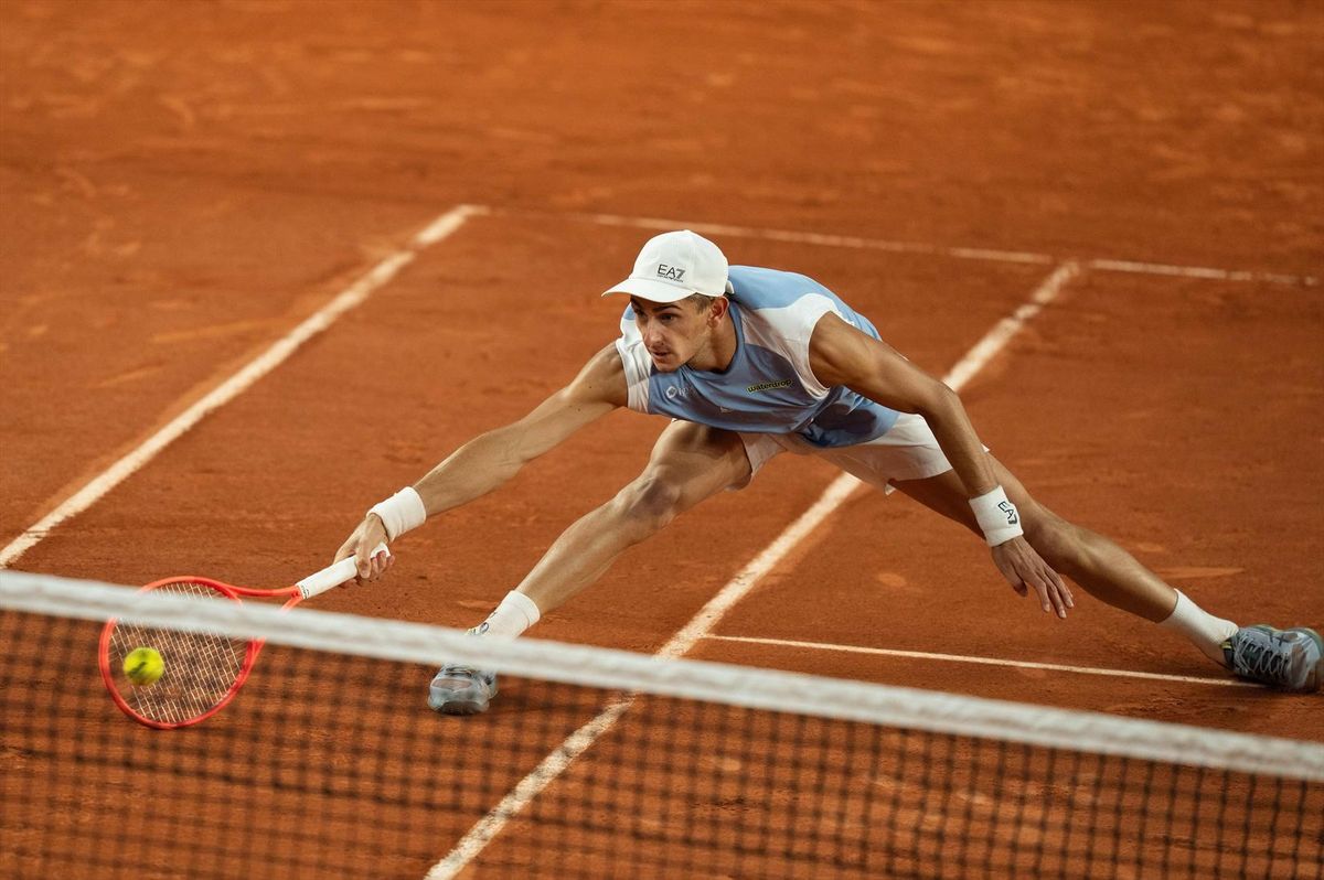 Jun 1, 2026; Paris, France; Matteo Arnaldi of Italy returns a shot during his match against Frances Tiafoe of the United States on day nine at Stade Roland Garros.